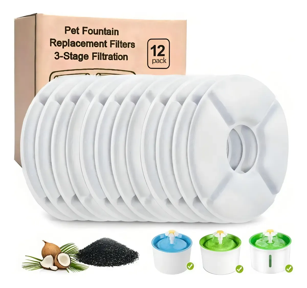 Doce filtros redondos blancos para fuente de agua junto a su caja