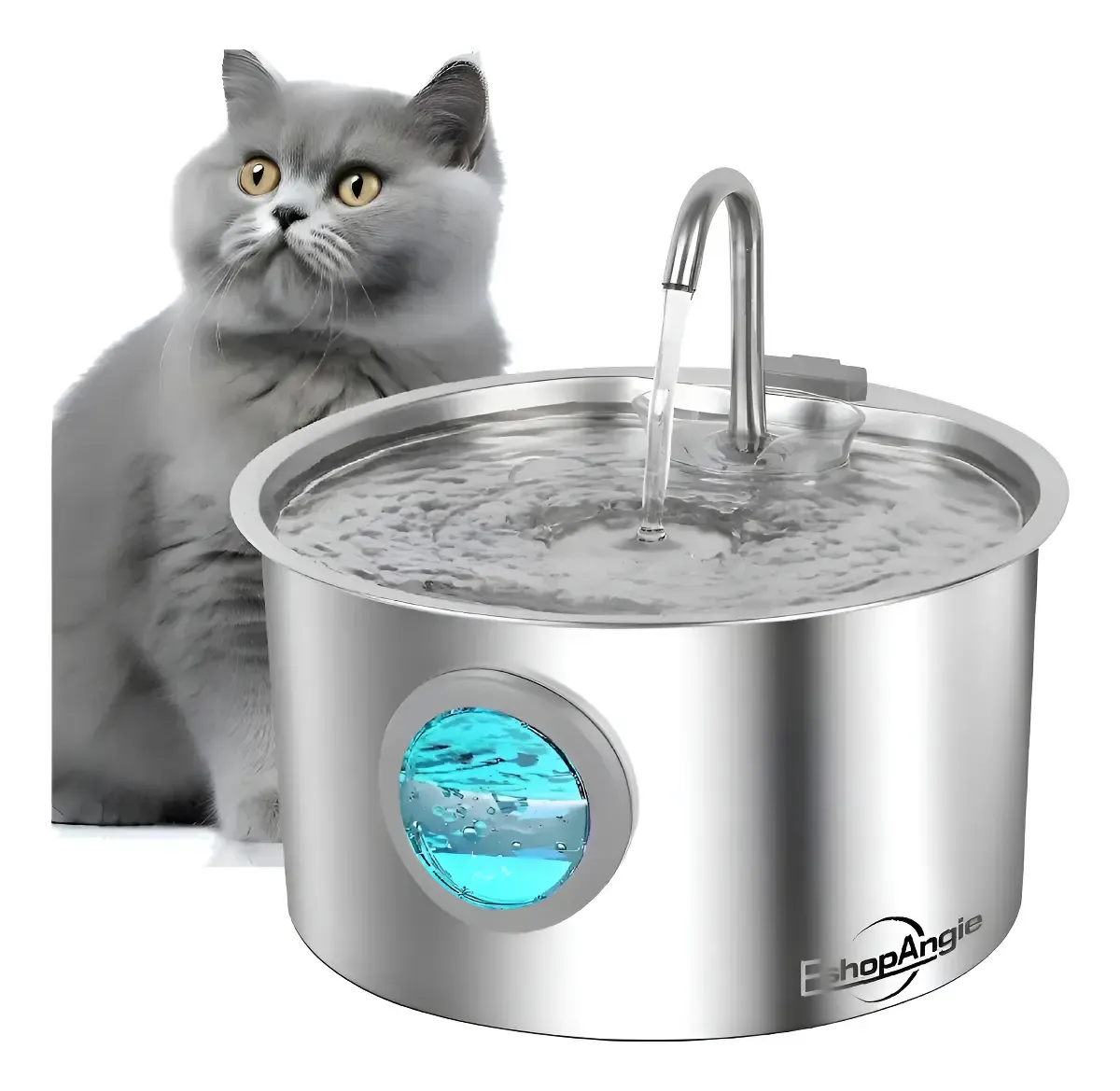Fuente de agua redonda de acero inoxidable con un chorro en el centro y un gato gris al lado