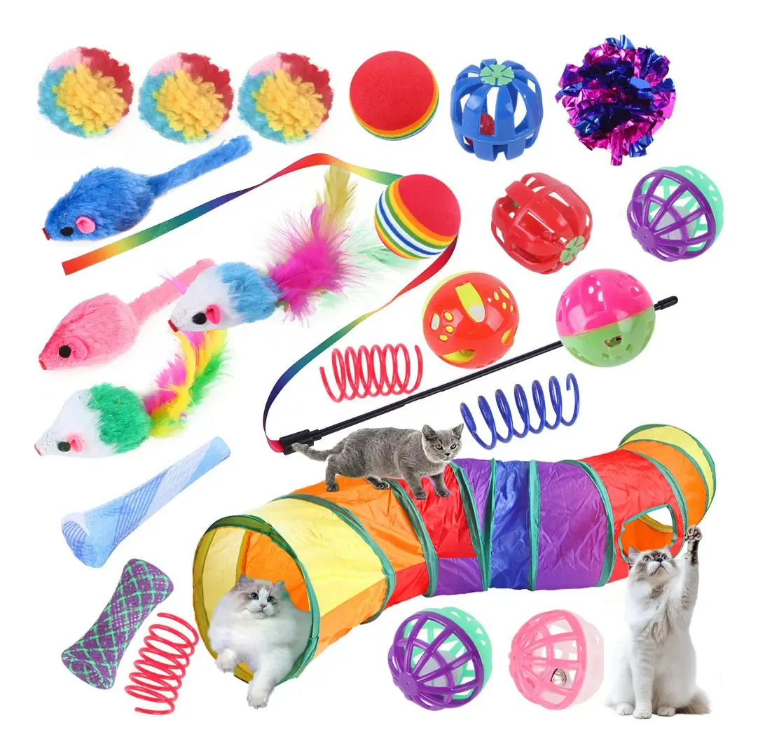 Set de juguetes para gato con túnel plegable, pelotas, resortes y ratones de colores